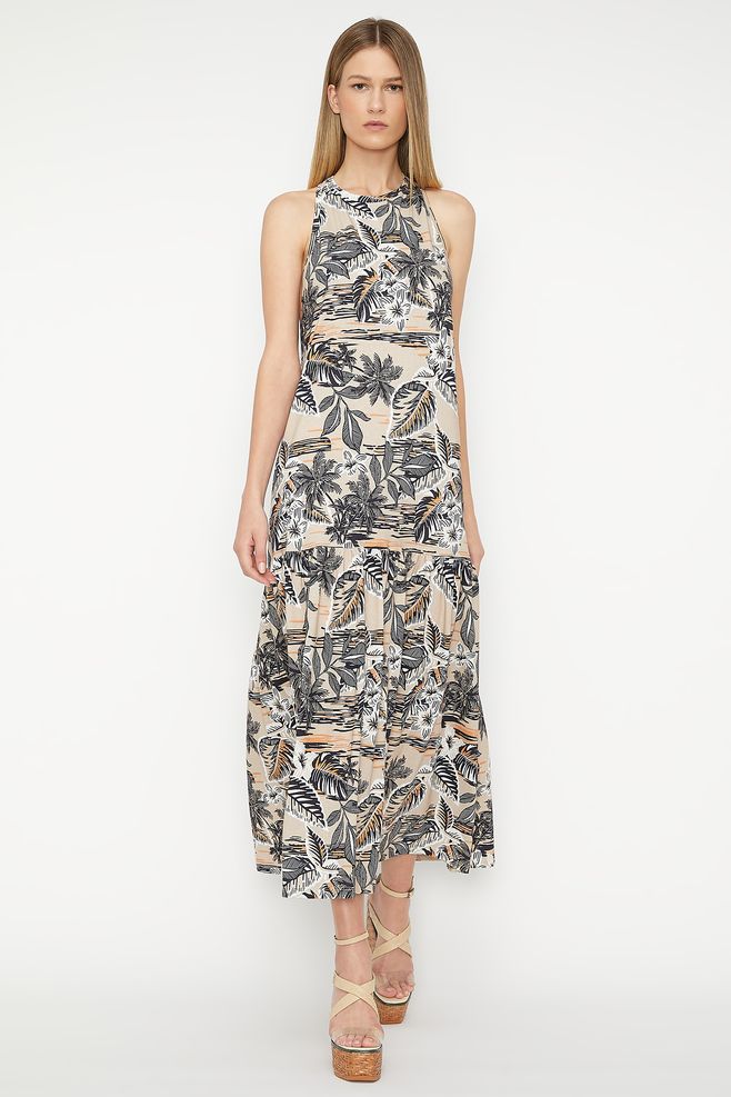 vestido midi estampado com babado na barra