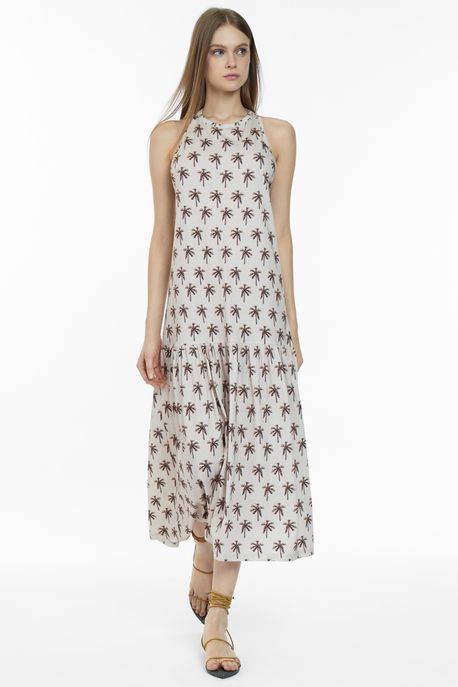 vestido midi estampado com babado na barra