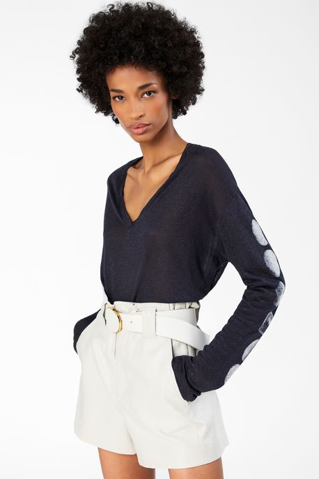 Blusa De Malha Com Linho Preta Decote v Manga Longa Fases Da Lua Preto - M