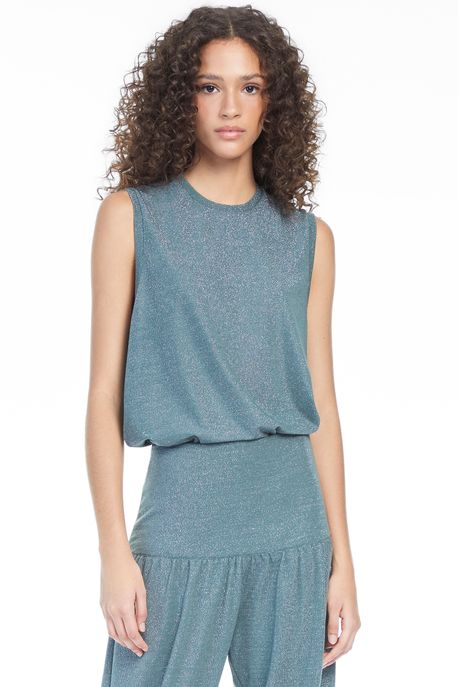 Regata De Malha Lurex Verde Com Decote Redondo e Fenda Lateral Cinza Com Lurex Prata - M