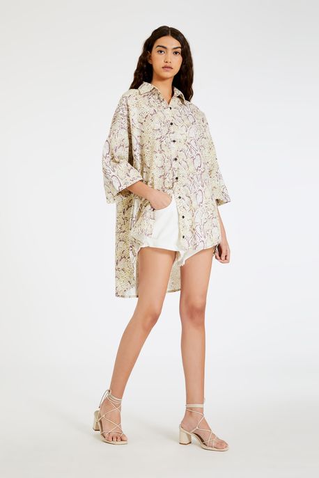 Vestido Sarja Curto Manga Curta Prega Costa Over Estampa Naja Ash Est Naja + Verde Jade - P