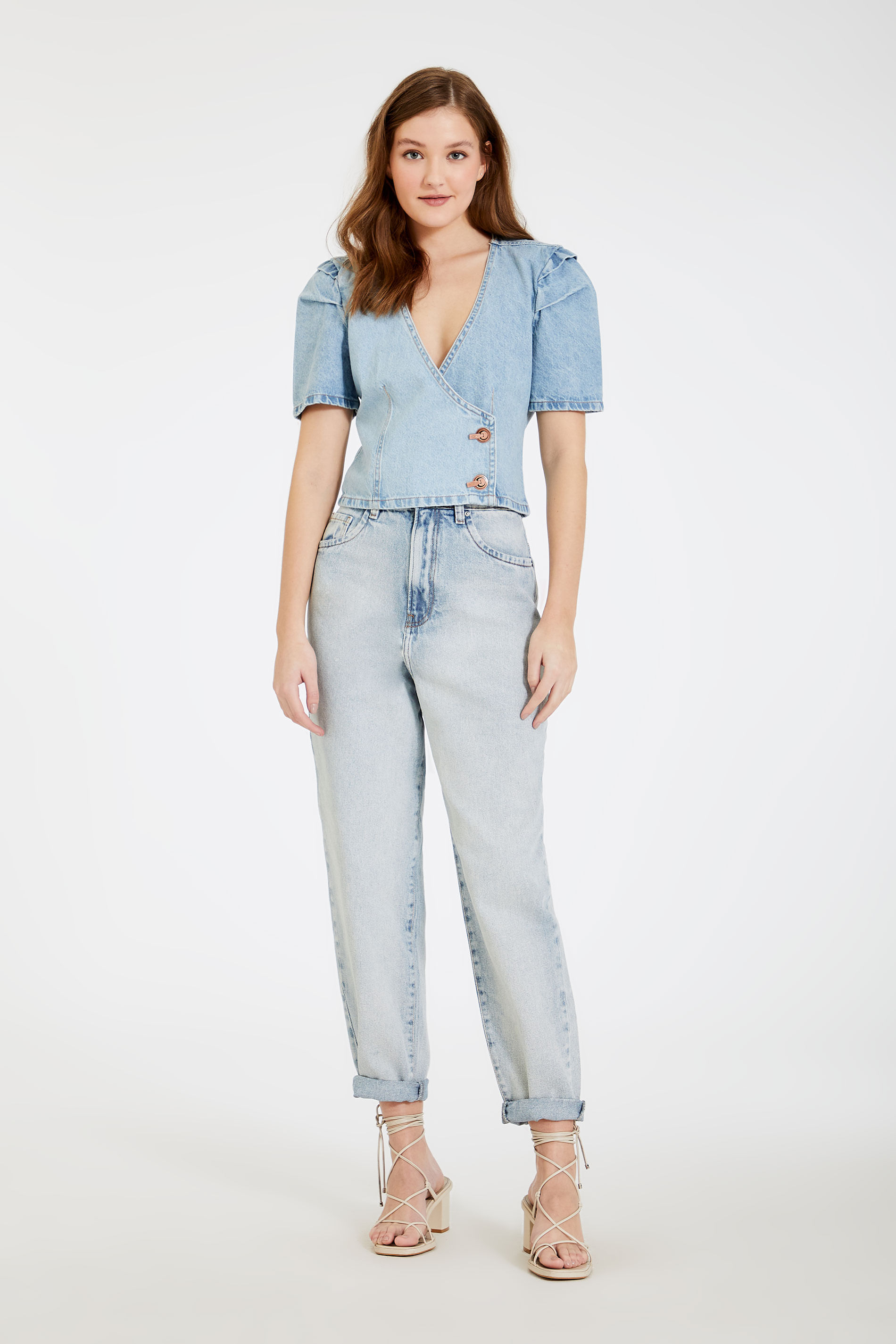 Blusa Jeans Manga Curta Prega Stoned Animale Blusa Jeans Manga Curta Prega Stoned Animale