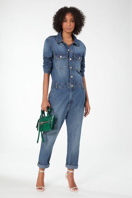 Macacao Jeans Ml Botao Na Vista Jeans Medio - P