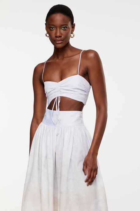 Top De Cambraia De Linho Mix Estampado Dani Est Barrado Hibisco Praia Azul - 42