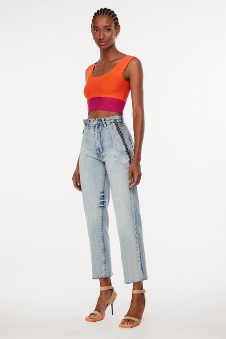 Top De Tricot Decote Reto Laranja Com Fucsia Laranja Flame/Fucsia Festival - P