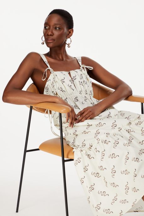 Vestido De Algodão Midi Estampado Alça Triangular Est Fig Cobras Mistico Birch - 36
