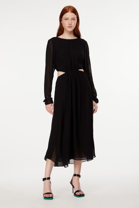 Vestido Midi Com Manga Longa e Decote Nas Costas Liso Preto - 38