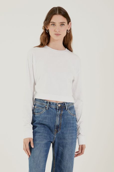 Tshirt Cropped Manga Longa Basic Branco - P
