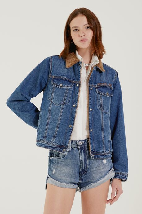 Jaqueta Jeans Trucker Forrada Com Pêlo Jeans Medio - PP