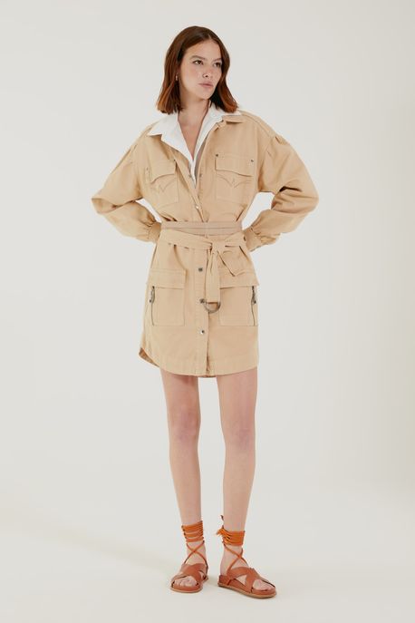 Vestido Sarja Curto Manga Longa Safari Bege Taupe - M