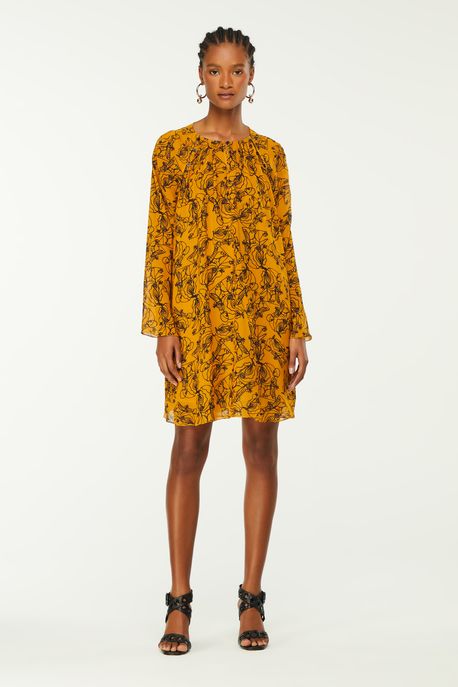 Vestido De Georgette Leve Curto Estampado Fenda Cava Est Fig Serigrafia Dourado - 42