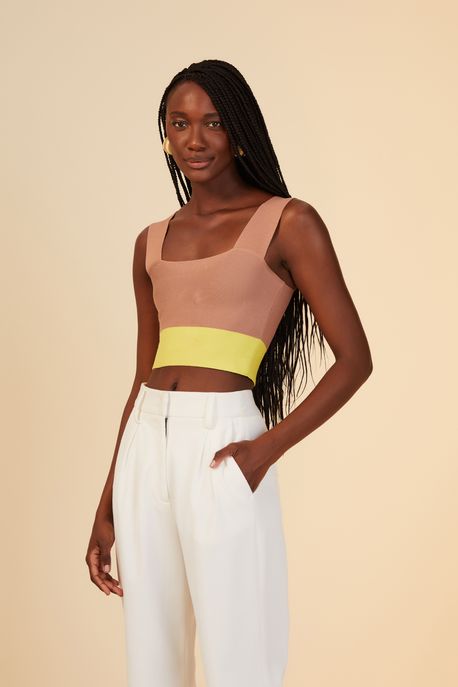 Top De Tricot Decote Reto Bege Com Amarelo Bege Taupe /Amarelo Brosse - P