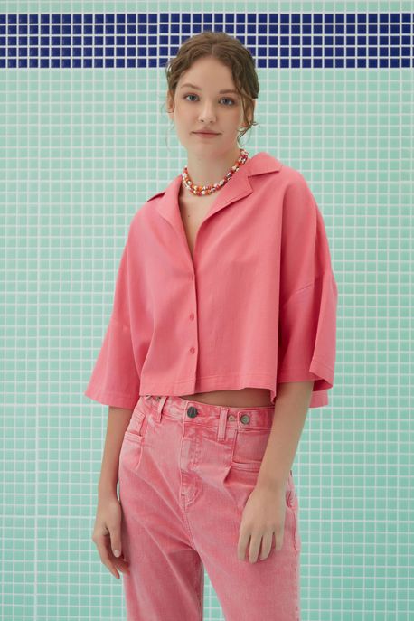Camisa Like Linen Curta Rosa Fruit - G