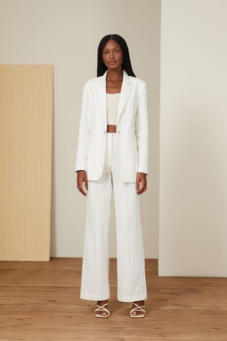 Blazer De Algodão Alfaiataria Listras Detalhe Botão Preto/Branco - 40