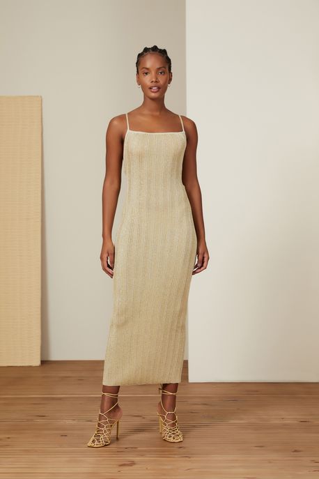 Vestido De Tricot Midi Com Amarração Nas Costas Champagne Champagne - M