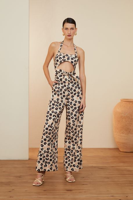 Macacão Longo Floral De Algodão Com Nó Frente Est Floral Risca Preto - 38