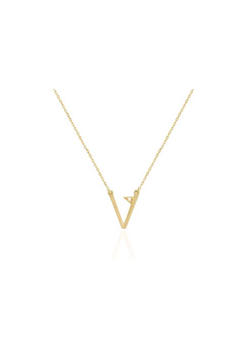 Colar Lettera v Ouro Amarelo Com Diamante - U