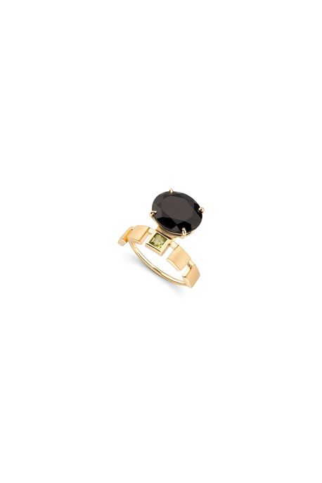 Anel Square Black Oa C/ Quartzo Negro/Peridoto - 17