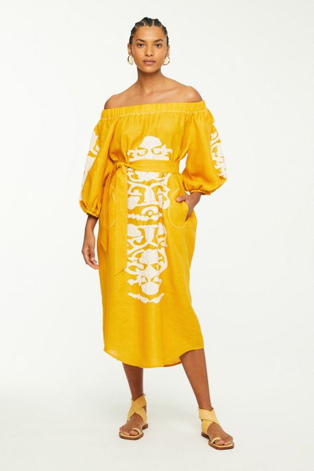 Vestido Midi Amarelo Ombro a Ombro Bordado Amarelo Dourado - 42
