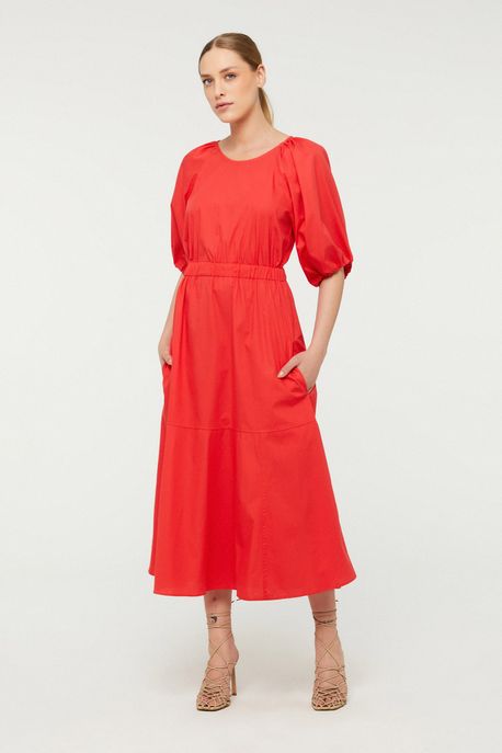 Vestido Midi De Algodão Liso Com Manga Franzida Vermelho Agridoce - 42