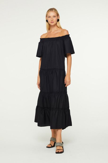Vestido Fluido Midi Ombro a Ombro Liso Preto - 34