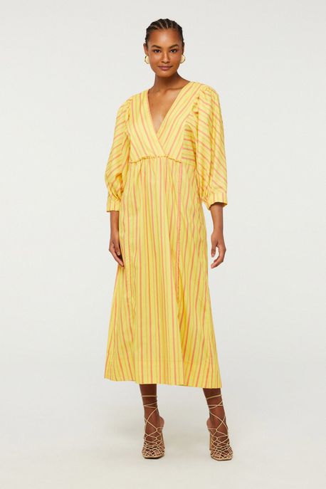 Vestido De Algodão Midi Estampado Com Decote v Est Listra Tropicos Meadow e Terracota p - 40