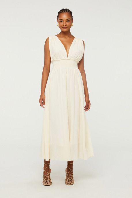 Vestido Midi Fluido De Algodão Texturizado Branco - 38