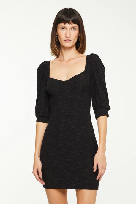 Vestido De Malha Texturizada Curto Com Manga Bufante Preto - PP