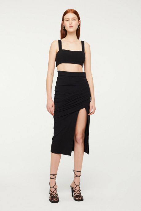 Saia De Malha Bandagem Com Pregas Preta Preto - P