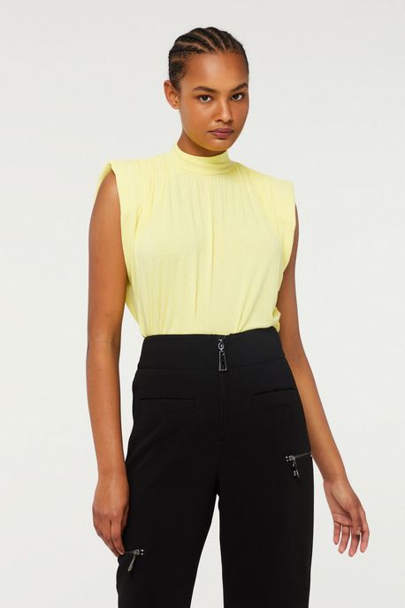 Blusa De Malha Wool Com Gola Alta Ombreira Amarela Preto / Amarelo Lime - P