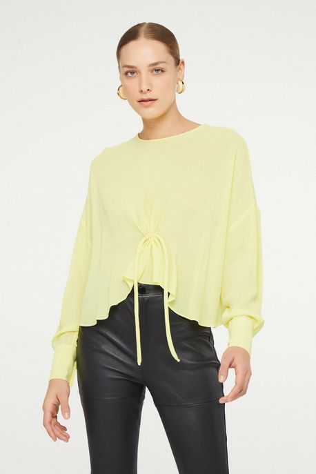 Top De Georgette Pesado Amarelo Lime Manga Longa Amarelo Lime - 40