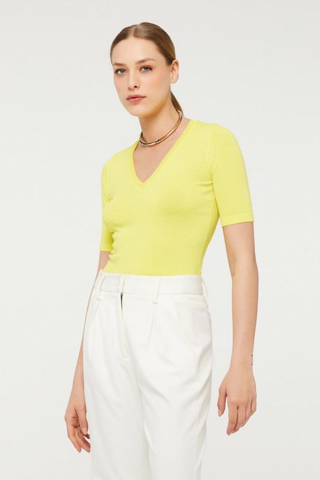 Blusa De Tricot Com Decote v Manga Curta Colors Amarelo Meadow - P