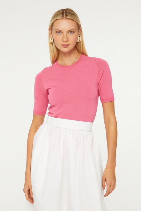 Blusa De Tricot Com Decote Redondo Curta Colors Rosa Fruit - M