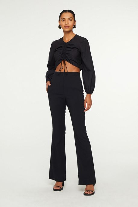 Blusa De Tricoline Cropped Franzida Preto - 38