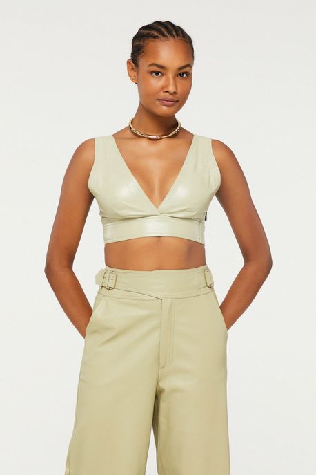 Top Cropped De Couro Alça Reta Bege Peace - 36