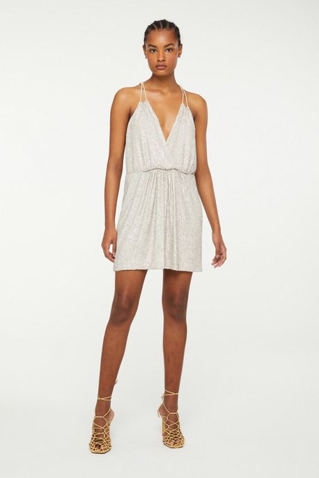 Vestido De Paetê Curto Decote Transpassado Prata Prata - 36