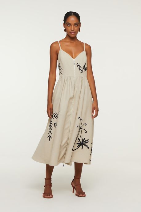 Vestido De Linho Midi Bordado Manual Com Bolsos e Zíper Natural - 38