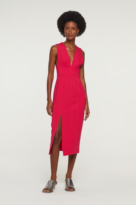 Vestido De Malha Estruturada Com Decote v Midi Rosa Rosa Potion - PP