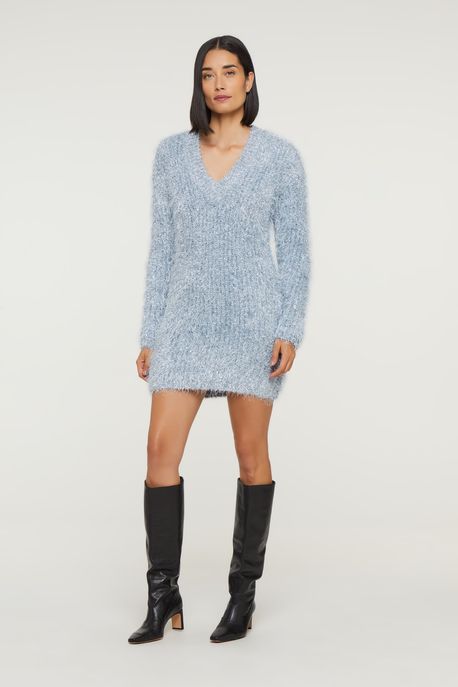 Blusão De Tricô Longo Com Pelinho Azul Maresias Azul Maresia - M