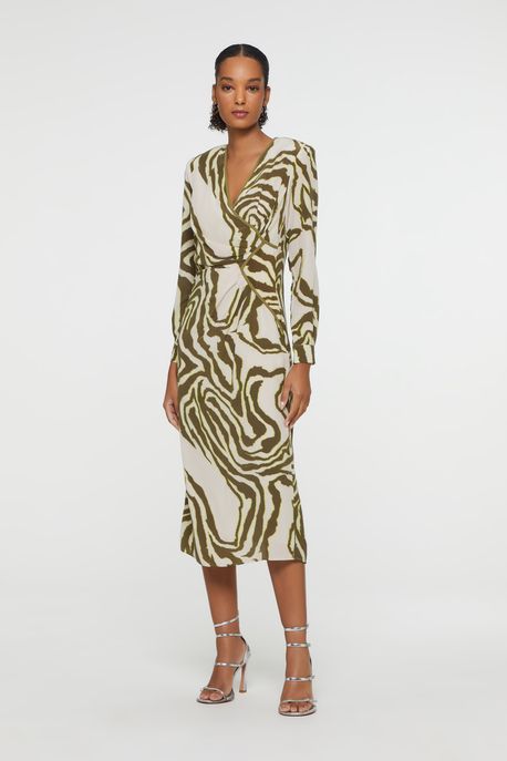 Vestido Midi De Seda Estampado Manga Longa Est Zebra Glow Oliva Espacado - 34