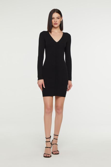 Vestido Curto Com Decote v e Manga Longa Tricot Preto Preto - G