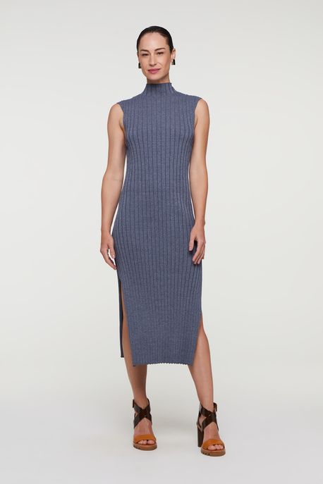 Vestido Midi Canelado Com Gola Alta Tricot Mescla Mescla - M