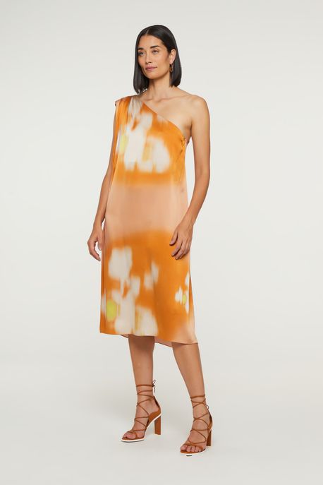 Vestido De Seda Midi Kaftan Um Ombro Só Estampado Est Loc Floral Blur Toast e Deserto - 34