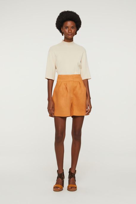 Short De Linho Com Elástico Nas Costas Bronze Nude Bronze - 38