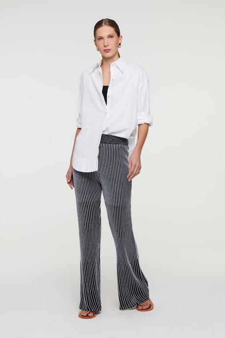 Calça Canelada Tricot Com Detalhe Preto e Prata Preto / Prata - G