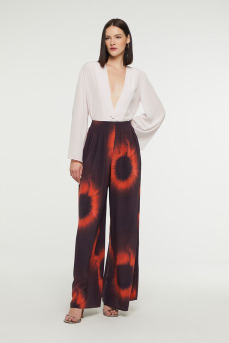 Calça Pantalona De Seda Estampada Com Elástico Nas Costas Est Portal Bolas Preto - 38