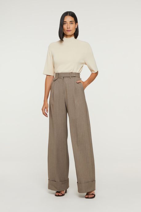 Calça De Espinha De Peixe Com Cós Largo Marrom Raiz - 42