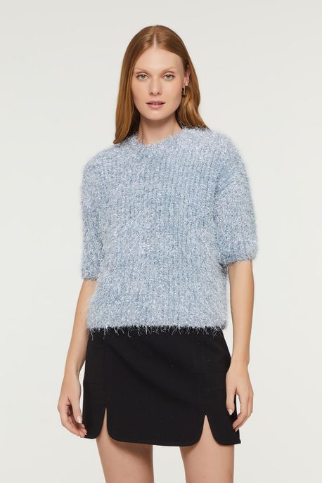 Camiseta De Tricô Com Pelinho Azul Maresias e Manga Curta Azul Maresia - G