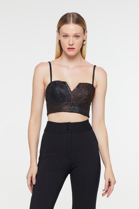 Top De Jacquard Patchwork Marrom Acobreado/Preto - 44