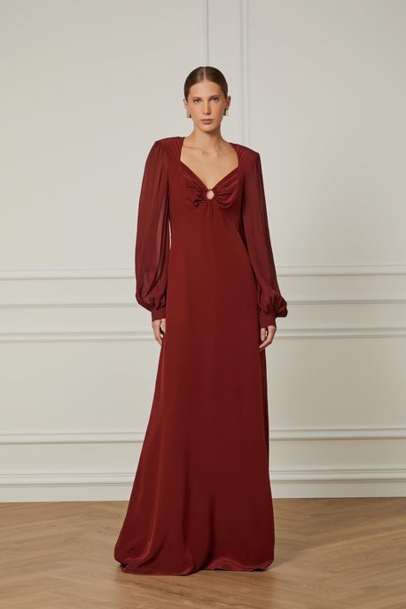 Vestido Longo De Seda Decote Com Desenho Marrom Raiz - 38